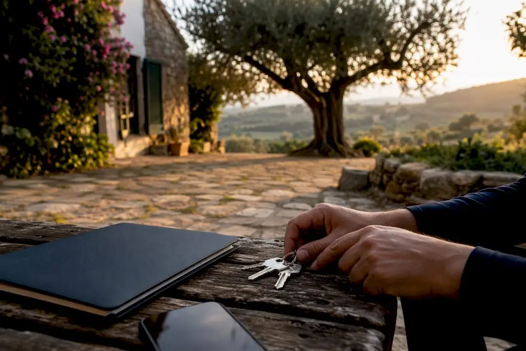 Keys and folder on marble table by Italian home door
