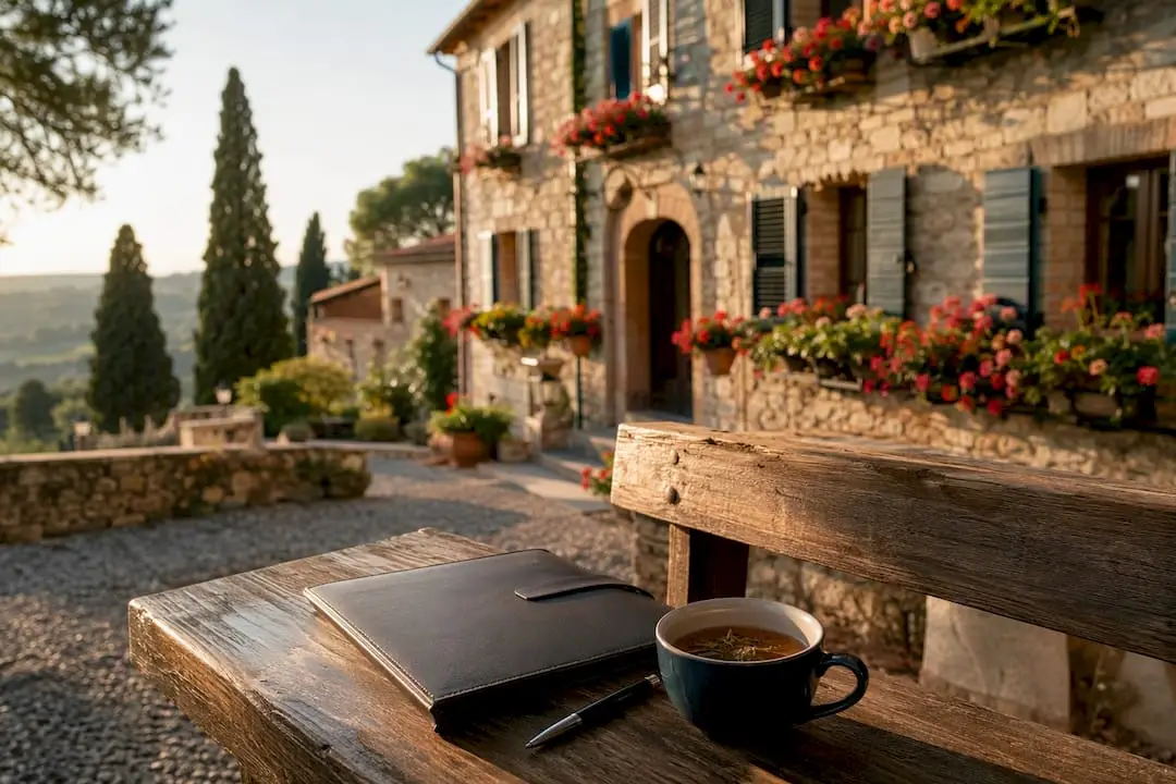 Townhouse facade and financial accessories softly lit