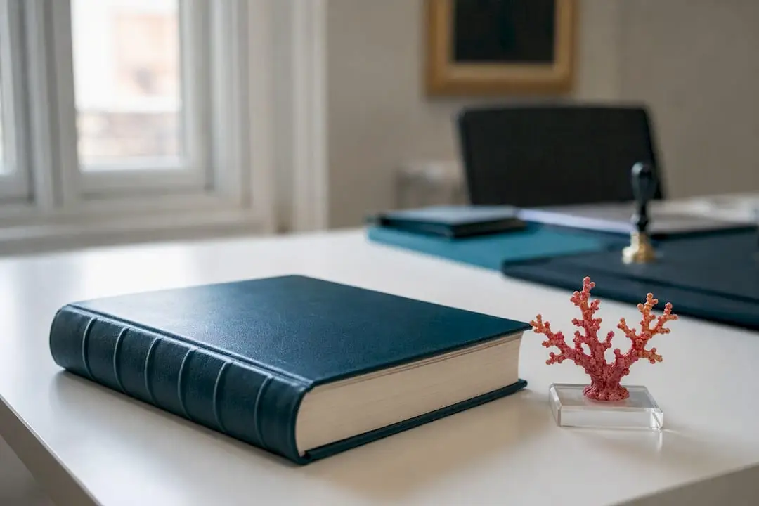 Notary office corner with legal book and stamp