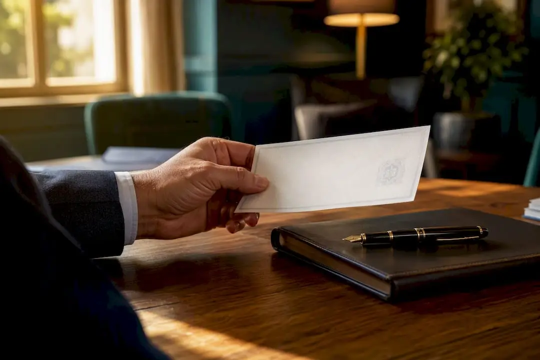 Hand holding bank draft on wooden table