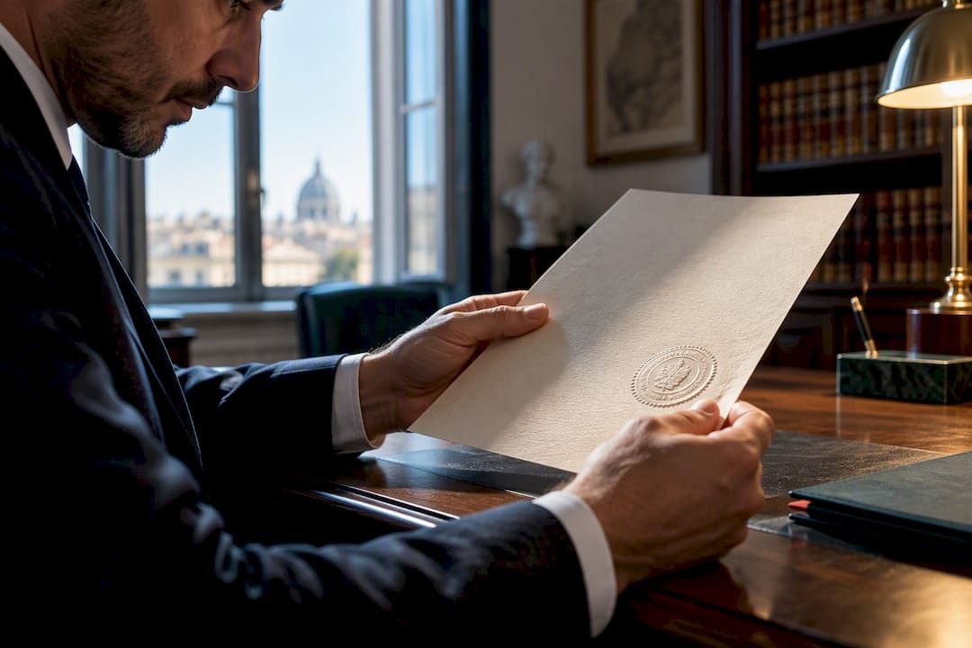 Hands inspecting an Italian apostille seal